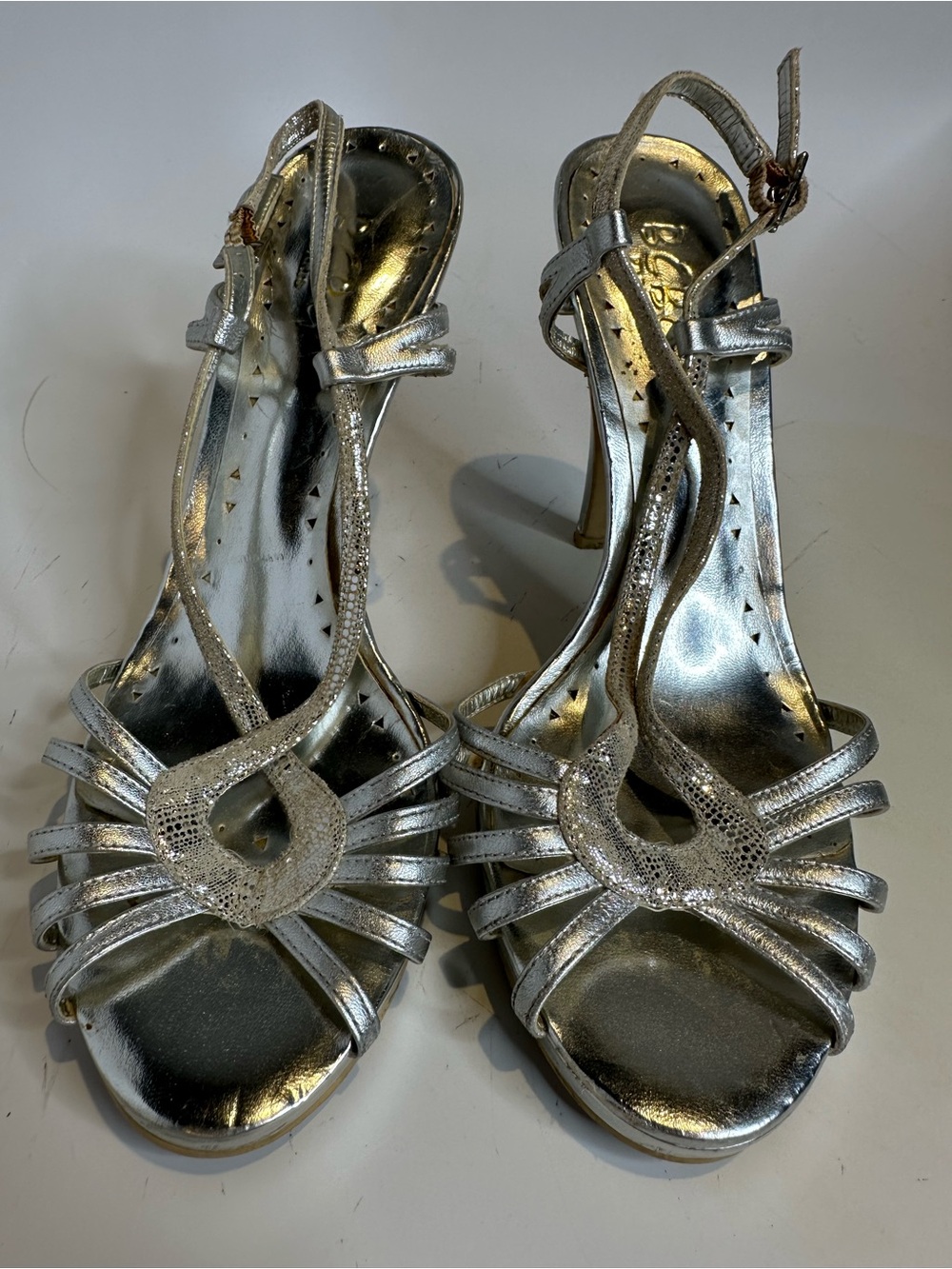 BCBGMaxAzria Silver Metallic Strappy Heels with Decorative Front Loop